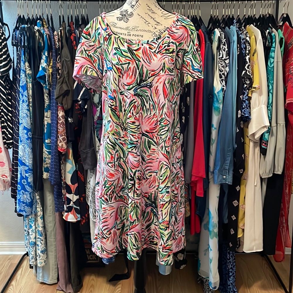 Ronni Nicole Pink Green Tropical Flamingo Print Short Sleeve Dress 14